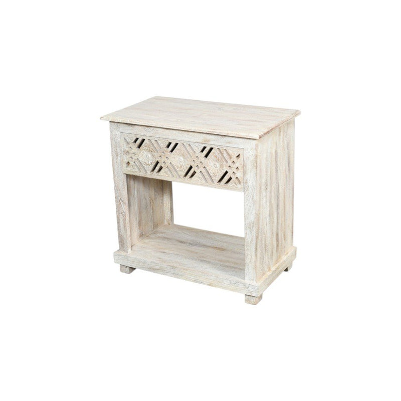 28" White Solid Wood Distressed Carved Geometric One Drawer Nightstand