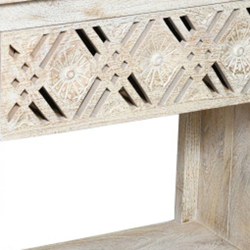 28" White Solid Wood Distressed Carved Geometric One Drawer Nightstand