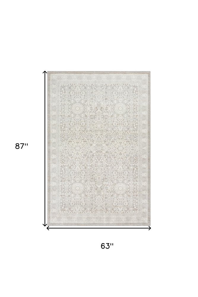 5' X 7' Ivory And Silver Floral Distressed Non Skid Area Rug