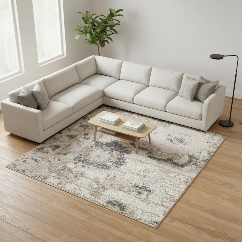 6' X 9' Ivory Black And Gray Floral Distressed Non Skid Area Rug