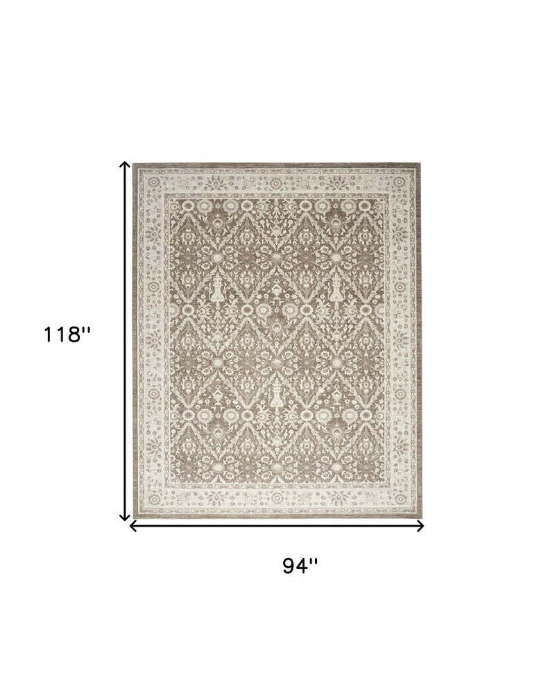 8' X 10' Ivory Brown And Gray Floral Distressed Non Skid Area Rug