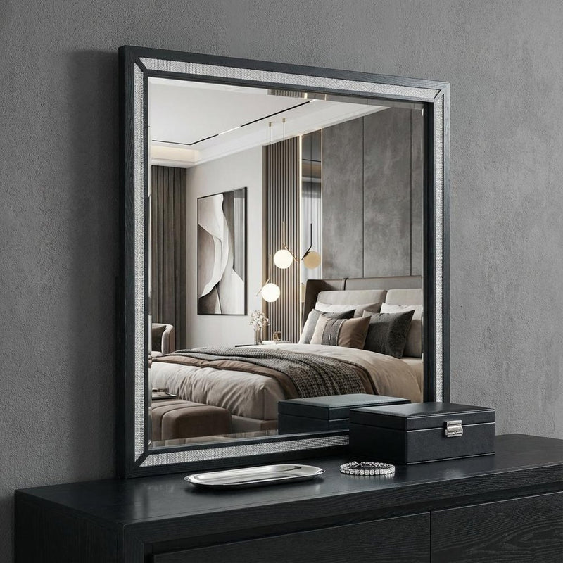 37" Black Faux Crystal And Wood Dresser Mount Framed Mirror