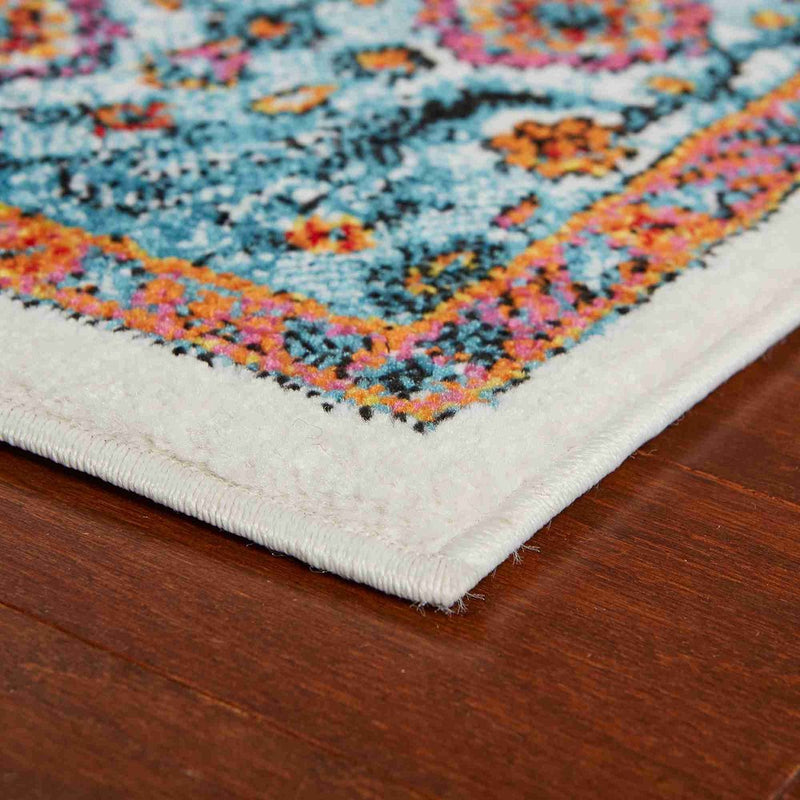 7' White And Blue Medallion Runner Rug