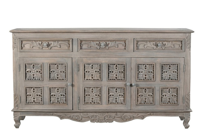 69" Gray Distressed Solid Wood Carved Floral Three Drawer Sideboard With Three Doors