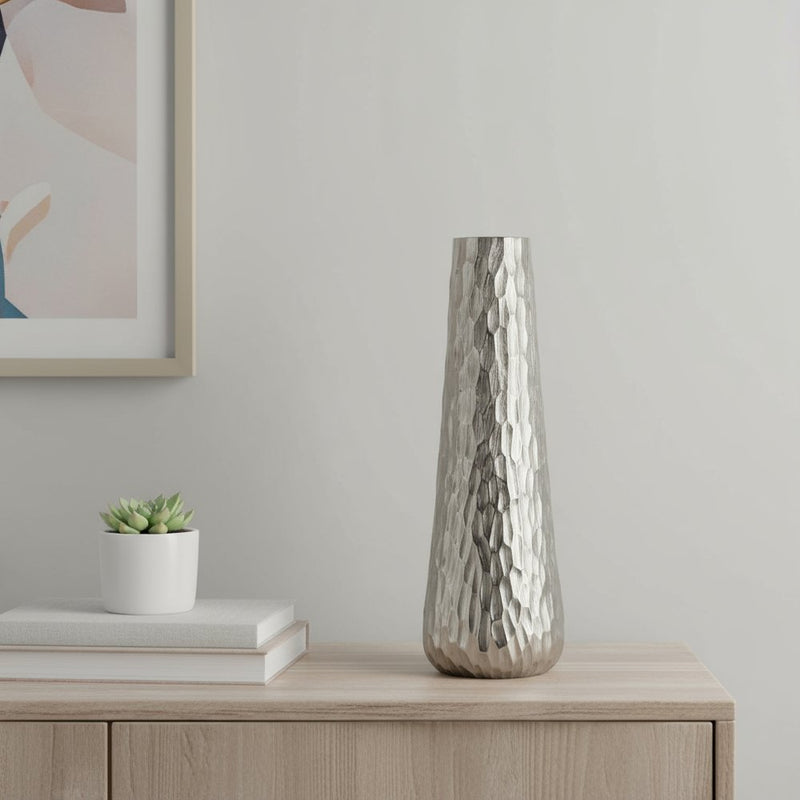 19" Silver Cast Aluminum Carved Geometric Table Vase