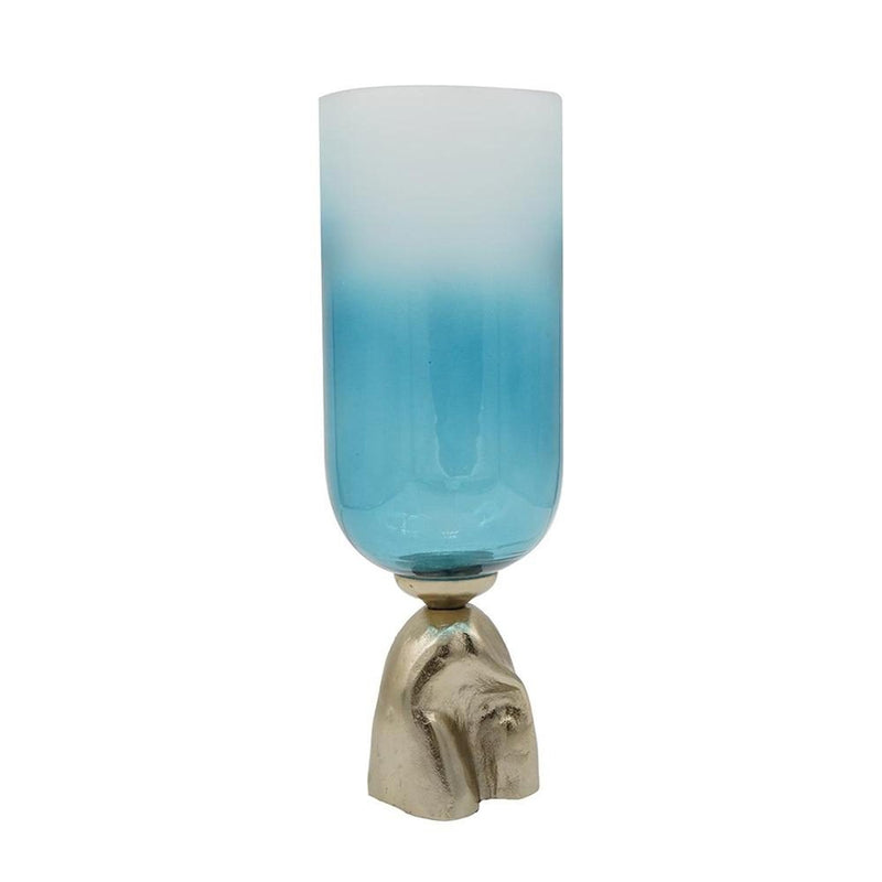 18" Blue White And Gold Ombre Glass And Aluminum Pedestal Table Vase