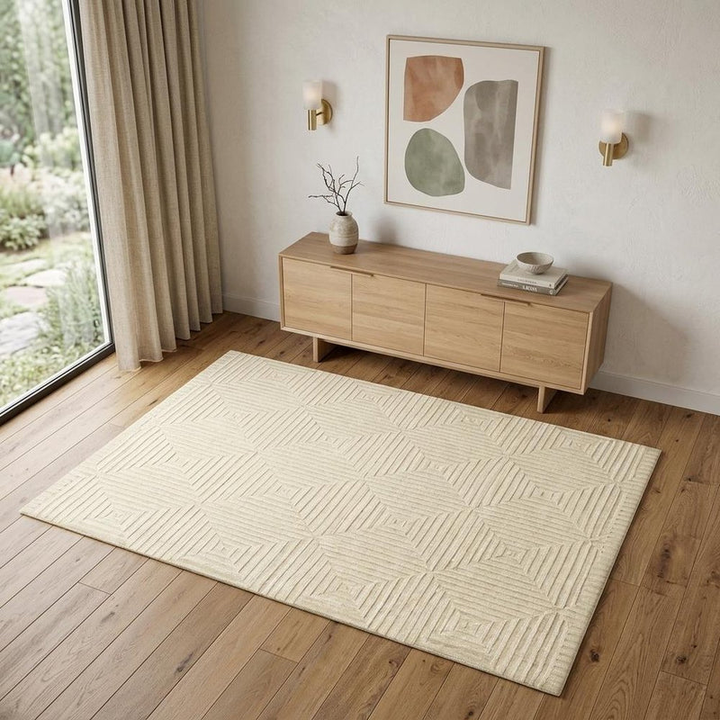 4' X 6' Ivory Wool Geometric Hand Knotted Area Rug