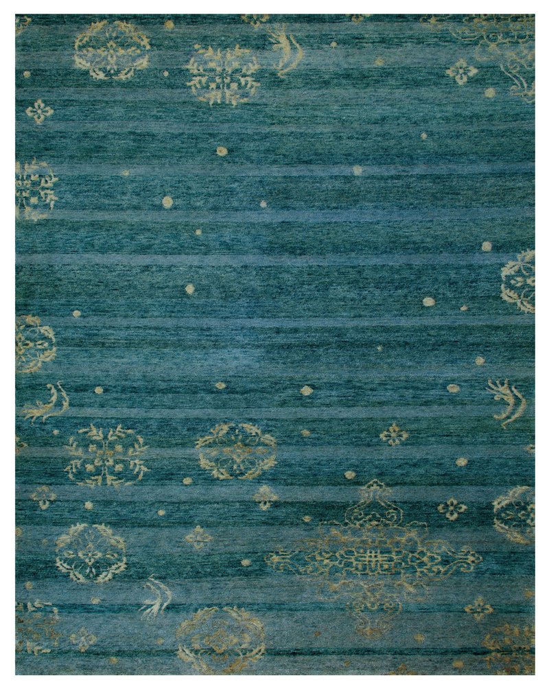 6' X 9' Tan Blue and Green Striped Hand Knotted Area Rug