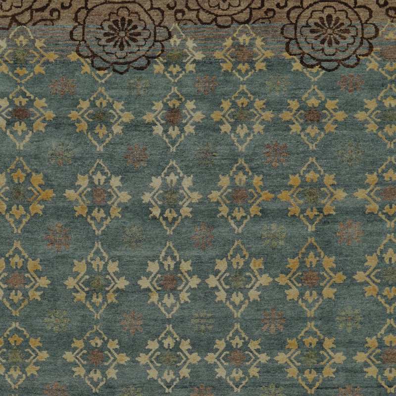 6' X 9' Green Blue and Brown Floral Hand Knotted Area Rug