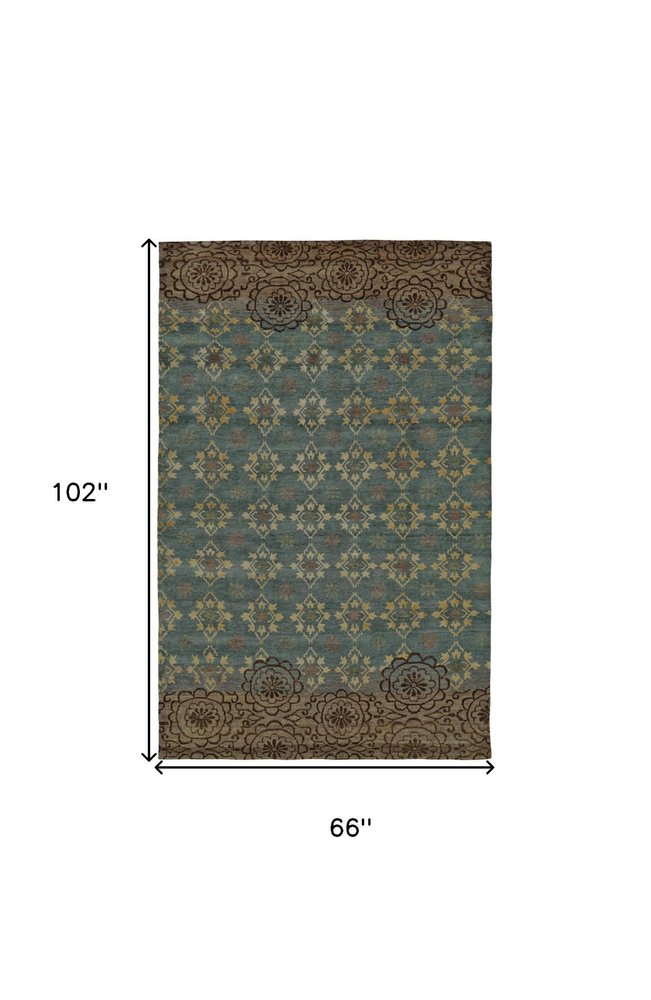 6' X 9' Green Blue and Brown Floral Hand Knotted Area Rug