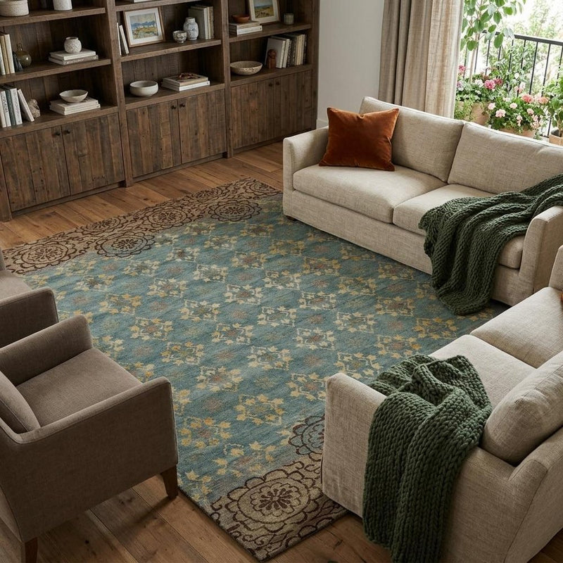 6' X 9' Green Blue and Brown Floral Hand Knotted Area Rug