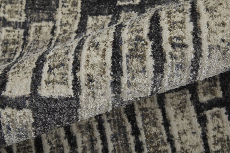 4' X 6' Gray and Black Geometric Power Loom Worn Faded Area Rug