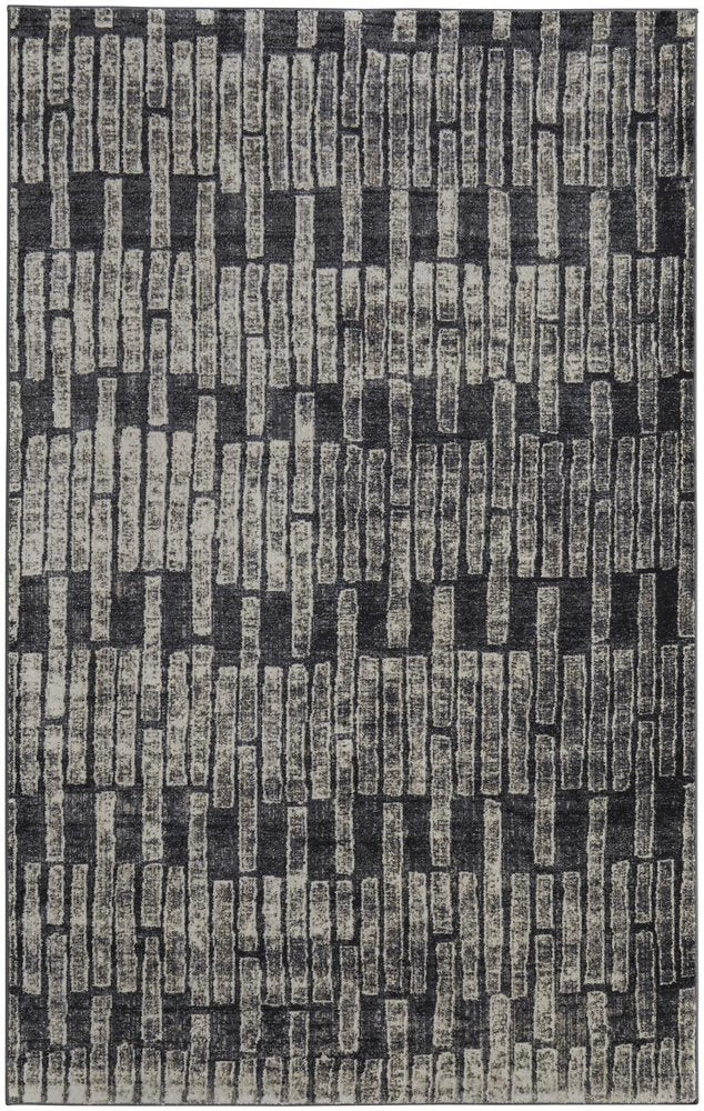 4' X 6' Gray and Black Geometric Power Loom Worn Faded Area Rug