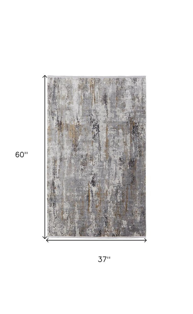 7' X 10' Gray Ivory and Gold Abstract Power Loom Area Rug With Fringe