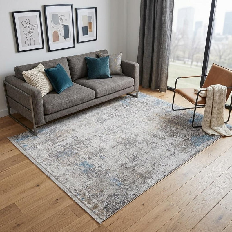 3' X 5' Ivory Gray and Blue Abstract Power Loom Area Rug With Fringe