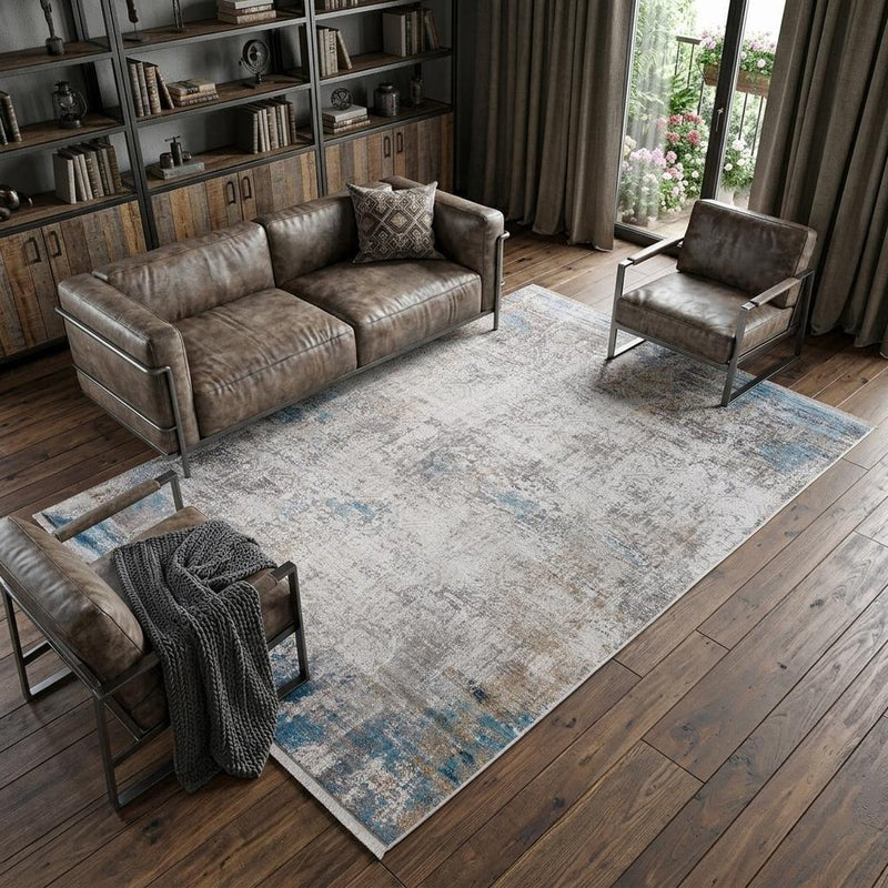 3' X 5' Ivory Gray and Blue Abstract Power Loom Area Rug With Fringe