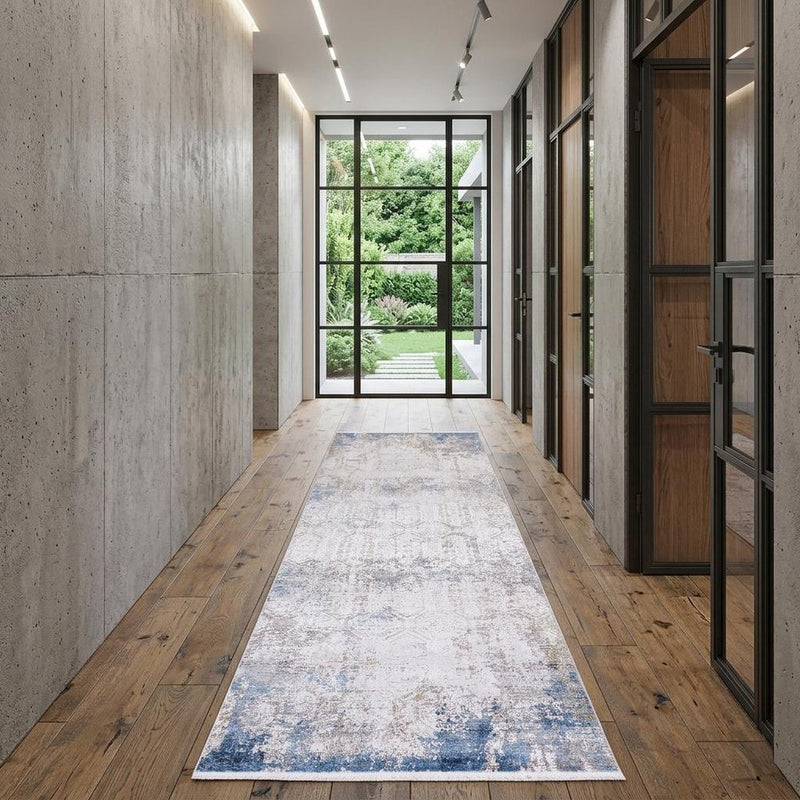 3' X 5' Ivory Gray and Blue Abstract Power Loom Area Rug With Fringe