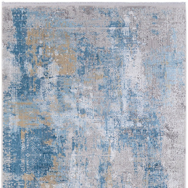 3' X 5' Blue Gold and Gray Abstract Power Loom Area Rug With Fringe