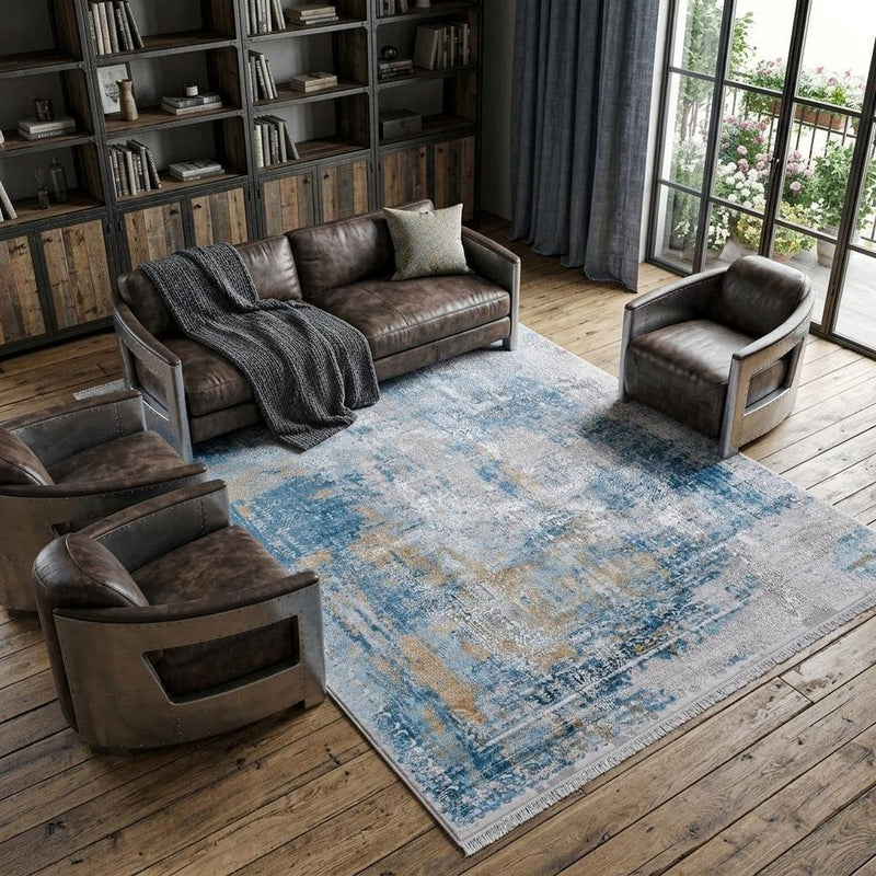 3' X 5' Blue Gold and Gray Abstract Power Loom Area Rug With Fringe