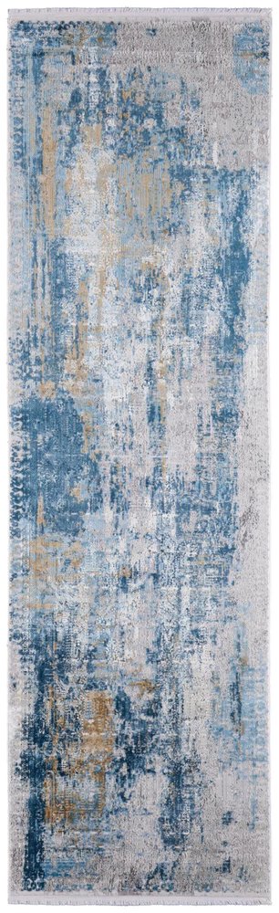 3' X 5' Blue Gold and Gray Abstract Power Loom Area Rug With Fringe