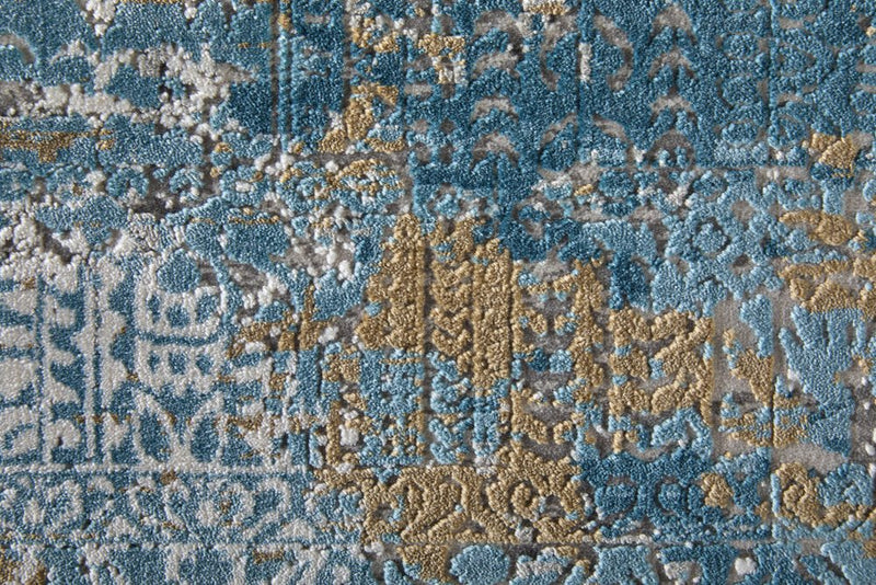 3' X 5' Blue Gold and Gray Abstract Power Loom Area Rug With Fringe