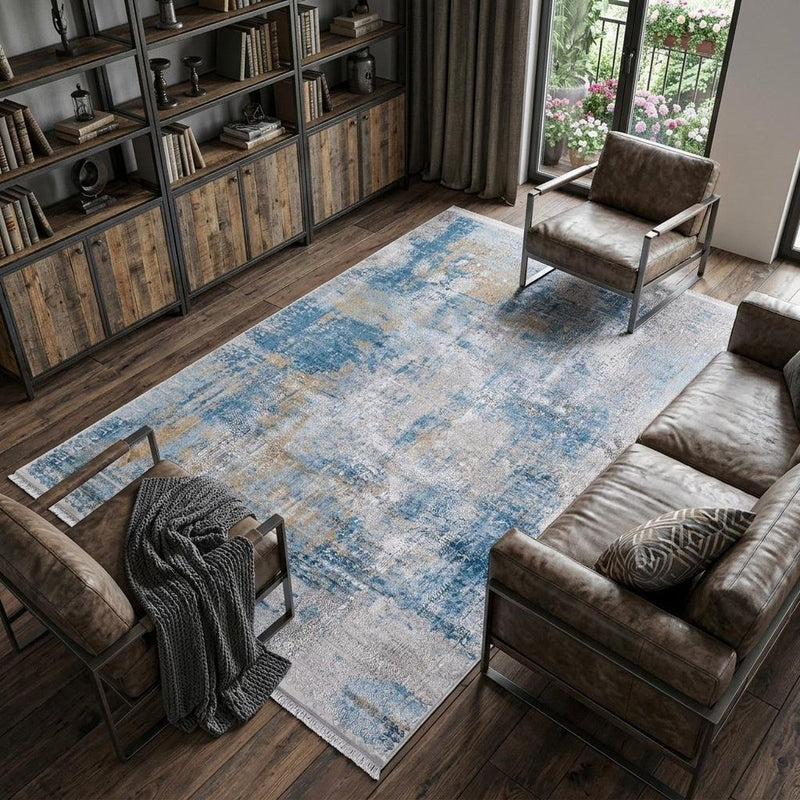 3' X 5' Blue Gold and Gray Abstract Power Loom Area Rug With Fringe
