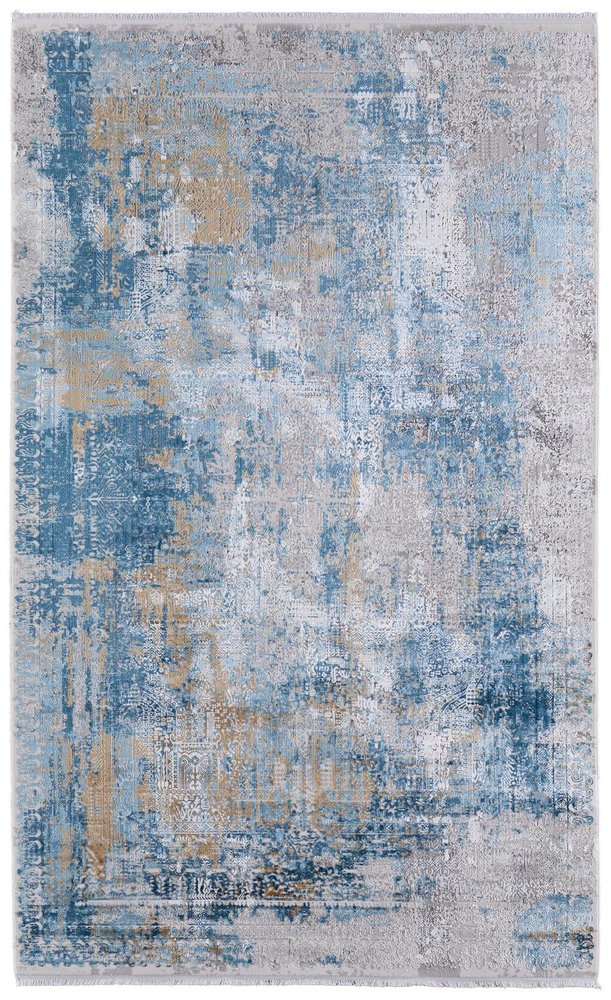3' X 5' Blue Gold and Gray Abstract Power Loom Area Rug With Fringe