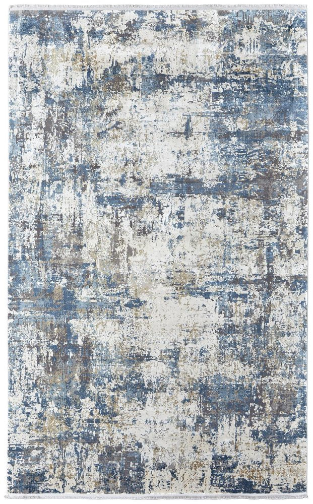 3' X 5' Ivory Tan and Blue Abstract Power Loom Area Rug With Fringe