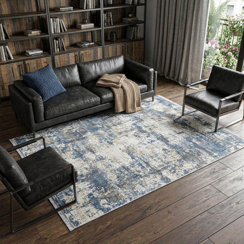 3' X 5' Ivory Tan and Blue Abstract Power Loom Area Rug With Fringe