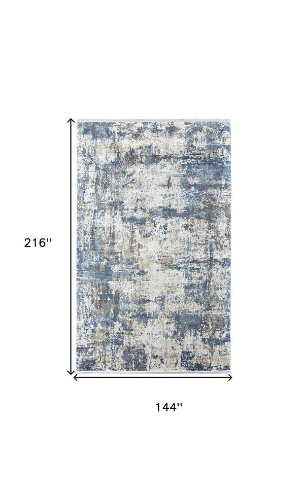 3' X 5' Ivory Tan and Blue Abstract Power Loom Area Rug With Fringe