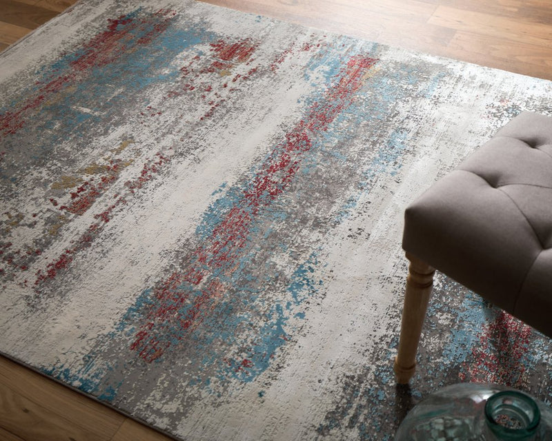3' X 5' Gray Blue and Red Abstract Power Loom Area Rug With Fringe
