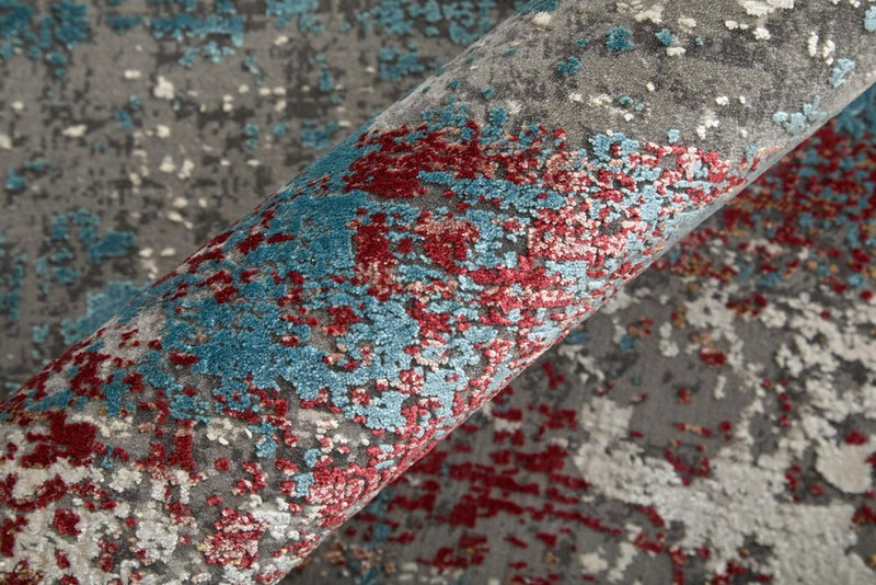 3' X 5' Gray Blue and Red Abstract Power Loom Area Rug With Fringe