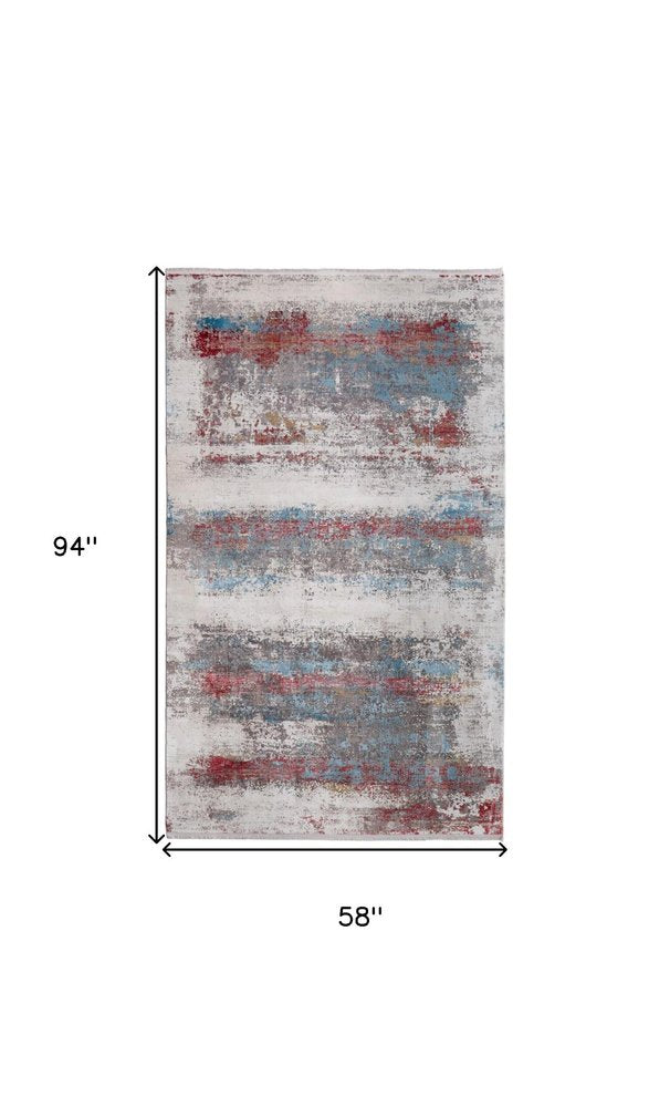 3' X 5' Gray Blue and Red Abstract Power Loom Area Rug With Fringe