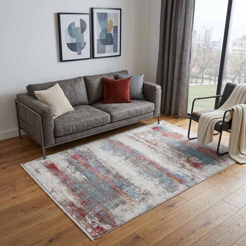 3' X 5' Gray Blue and Red Abstract Power Loom Area Rug With Fringe