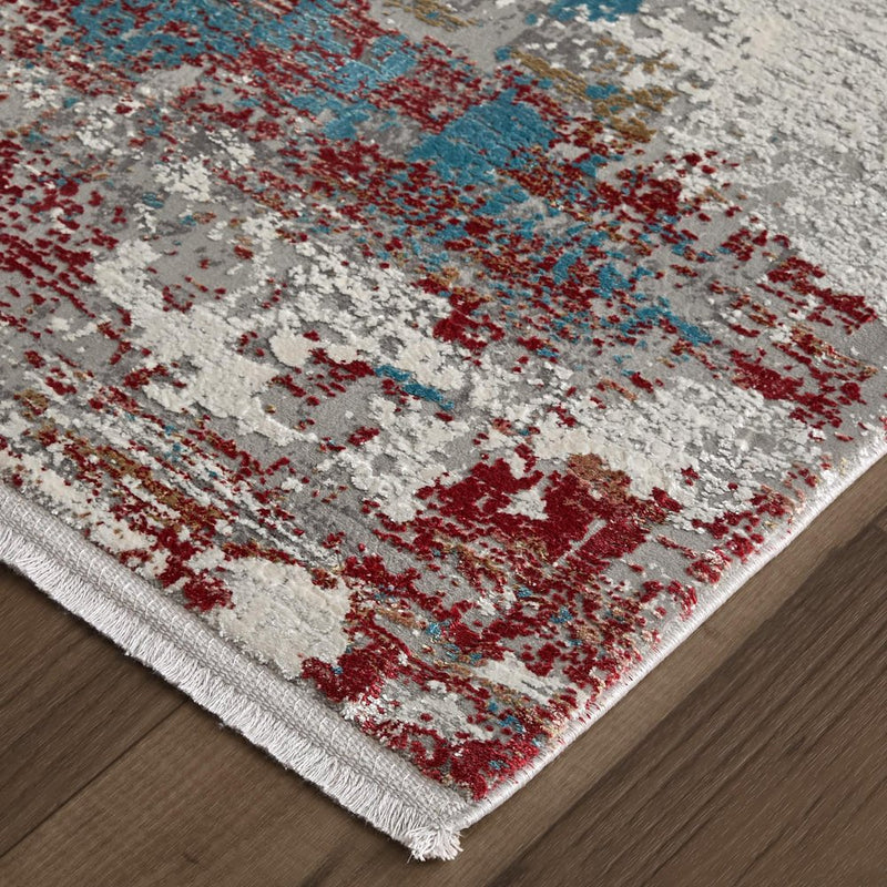 3' X 5' Gray Blue and Red Abstract Power Loom Area Rug With Fringe