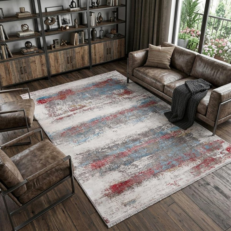 3' X 5' Gray Blue and Red Abstract Power Loom Area Rug With Fringe