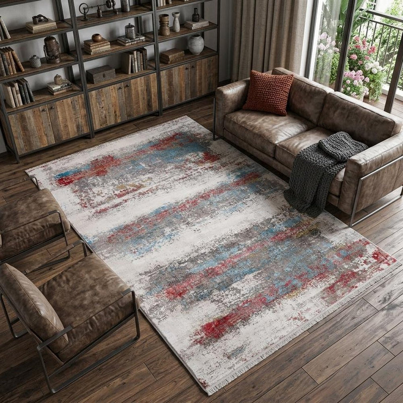 3' X 5' Gray Blue and Red Abstract Power Loom Area Rug With Fringe