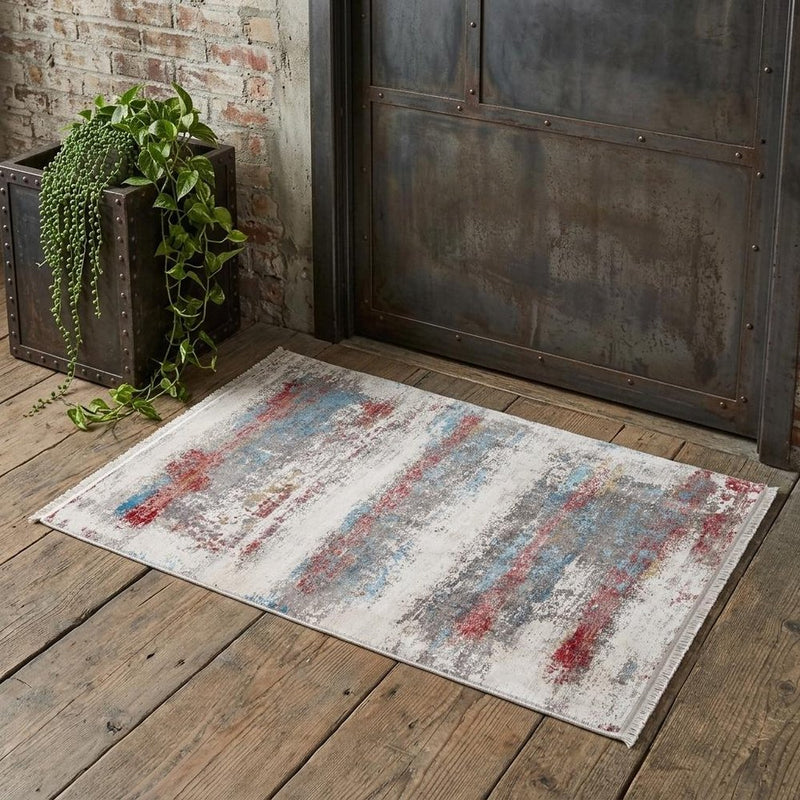 3' X 5' Gray Blue and Red Abstract Power Loom Area Rug With Fringe