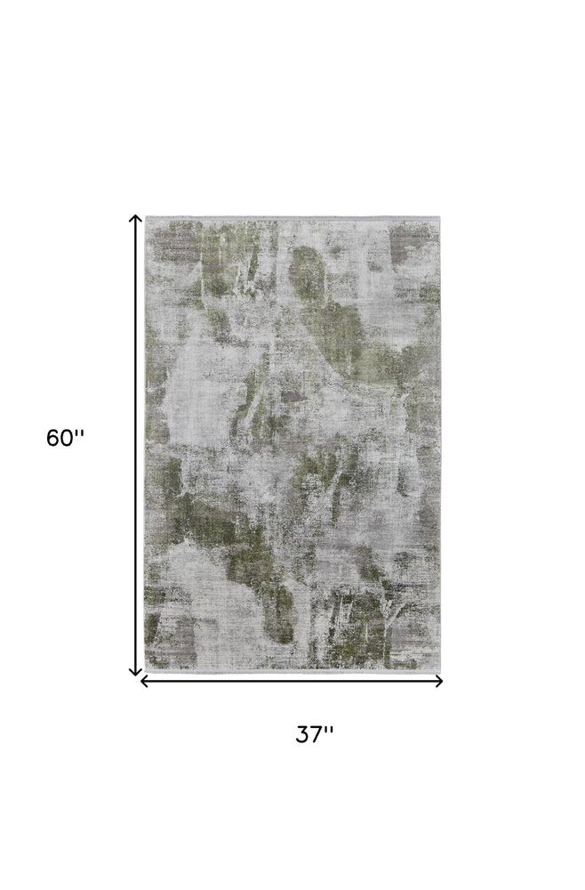 3' X 5' Gray Silver and Green Ikat Power Loom Area Rug With Fringe