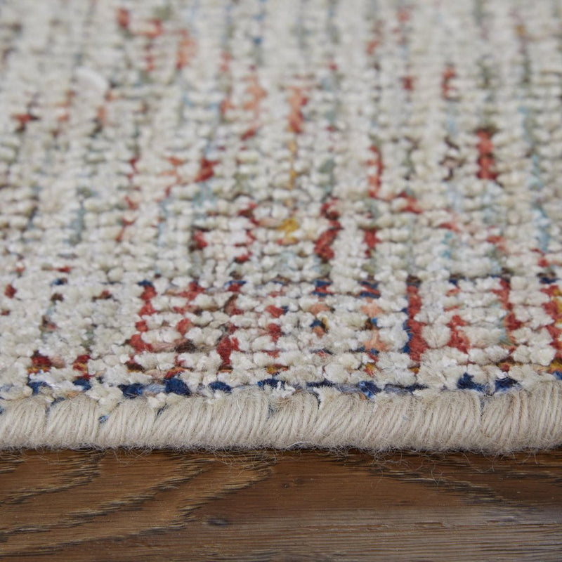 2' X 3' Red Blue and Ivory Abstract Hand Woven Distressed Area Rug With Fringe