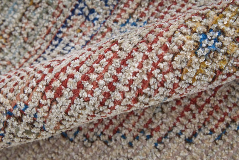 2' X 3' Red Blue and Ivory Abstract Hand Woven Distressed Area Rug With Fringe