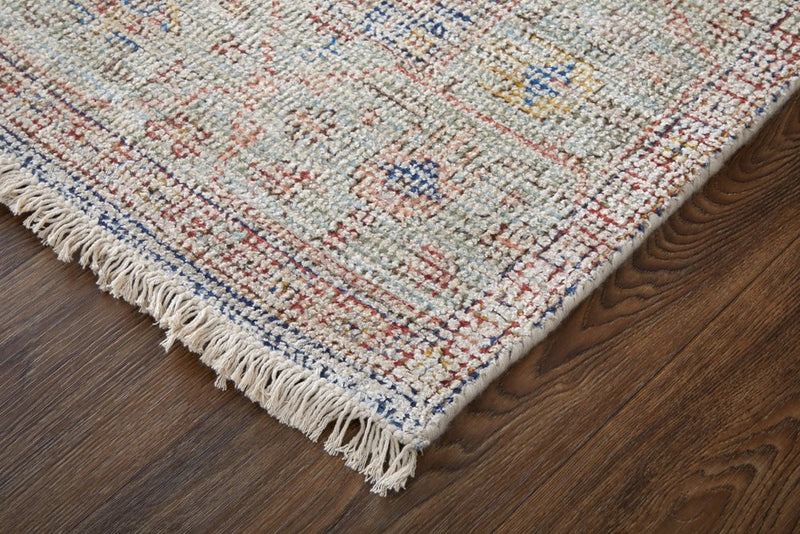 2' X 3' Red Blue and Ivory Abstract Hand Woven Distressed Area Rug With Fringe