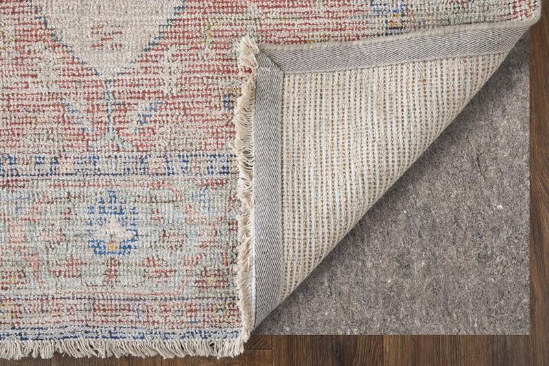2' X 3' Red Blue and Ivory Abstract Hand Woven Distressed Area Rug With Fringe