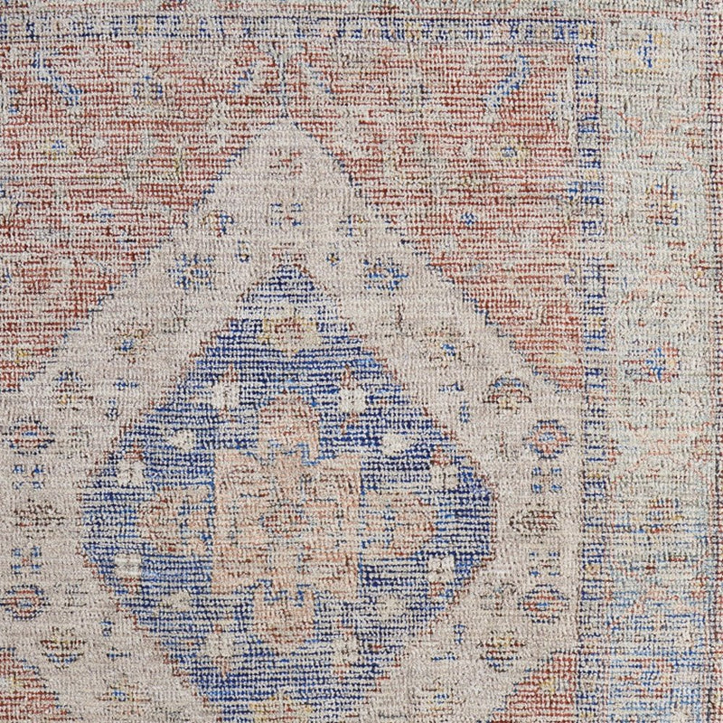 2' X 3' Red Blue and Ivory Abstract Hand Woven Distressed Area Rug With Fringe