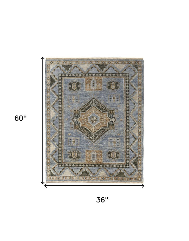 2' X 3' Ivory Tan and Blue Wool Oriental Hand Knotted Area Rug With Fringe