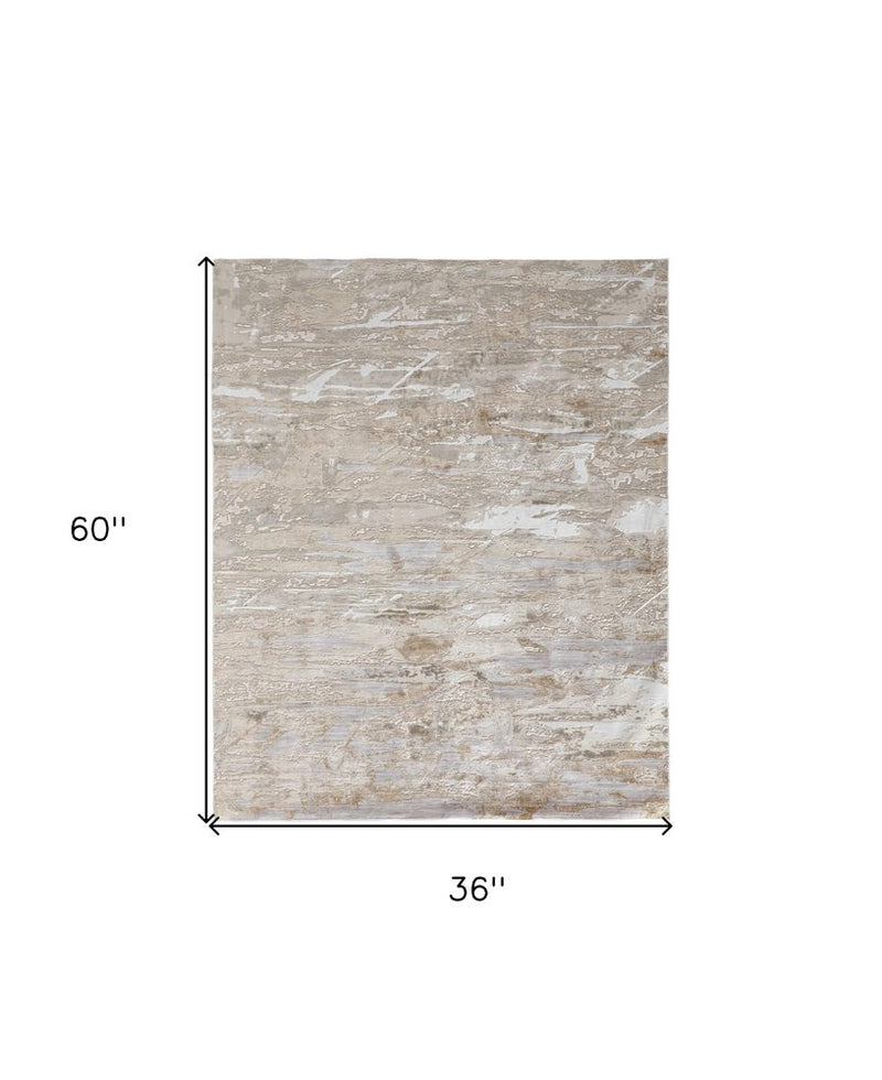3' X 5' Ivory Gray and Tan Abstract Power Loom Worn Faded Area Rug