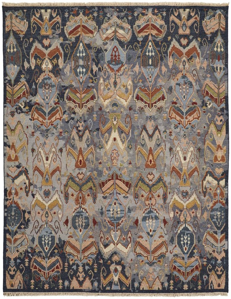 4' X 6' Blue Gray and Brown Wool Ikat Hand Knotted Area Rug With Fringe