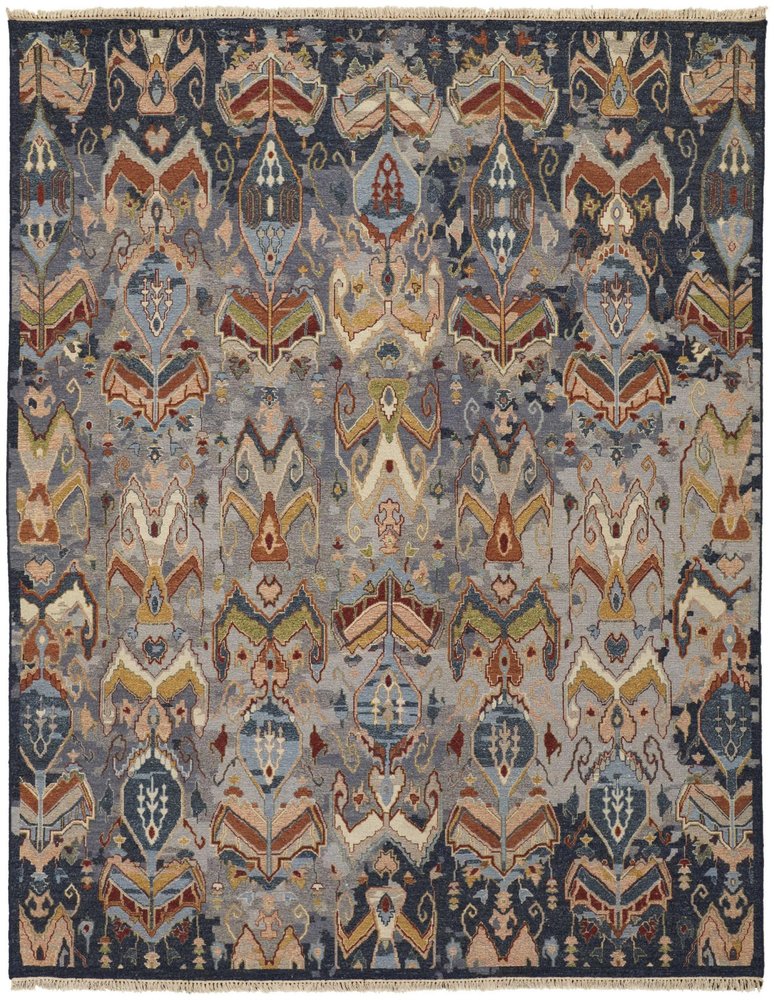 4' X 6' Blue Gray and Brown Wool Ikat Hand Knotted Area Rug With Fringe