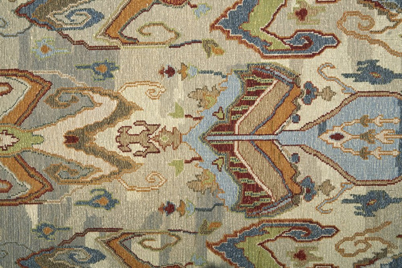 4' X 6' Ivory Blue and Brown Wool Ikat Hand Knotted Area Rug With Fringe