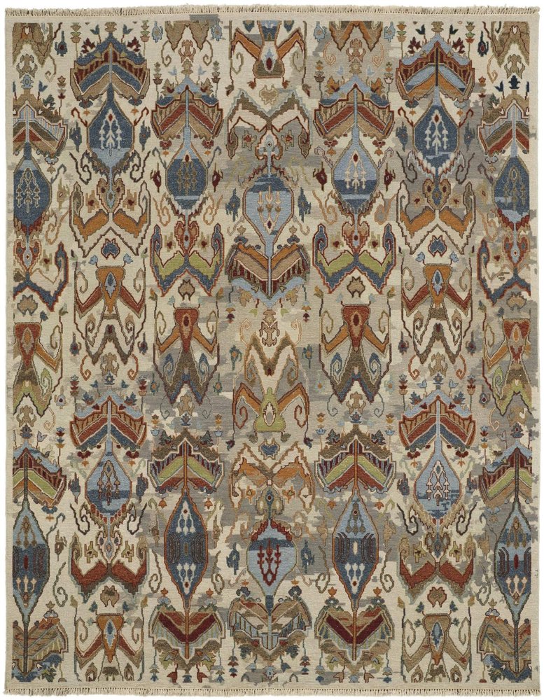 4' X 6' Ivory Blue and Brown Wool Ikat Hand Knotted Area Rug With Fringe